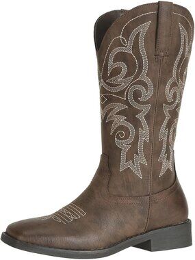 Women's Western Cowgirl Boots Square Toe Mid Calf Dark Brown Embroidered Pull On